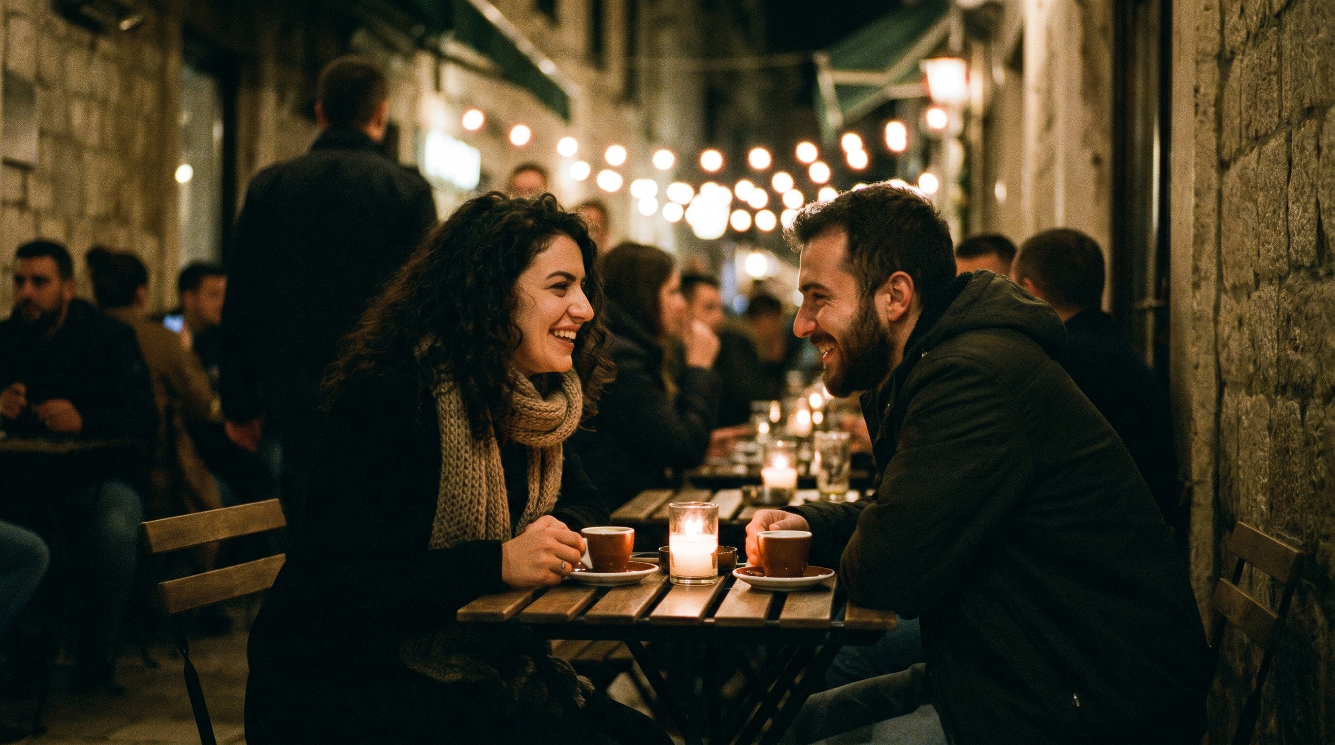 Erstes Date beim Kaffee: zwei Menschen im Kerzenlicht einer Altstadtgasse